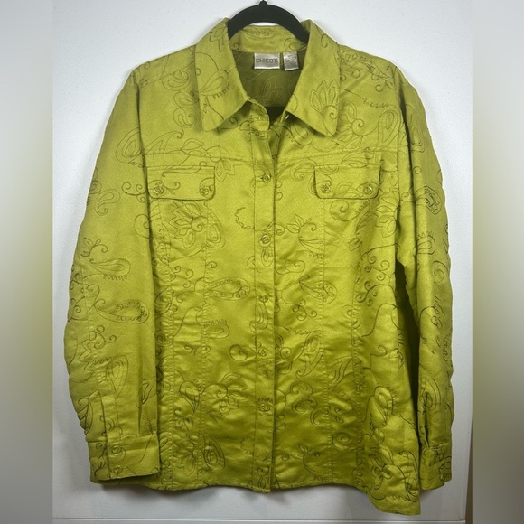 Chico’s Chartreuse Long Sleeve Button Up Blouse w/ Embroidery. Size 3 (XL) - Picture 1 of 6